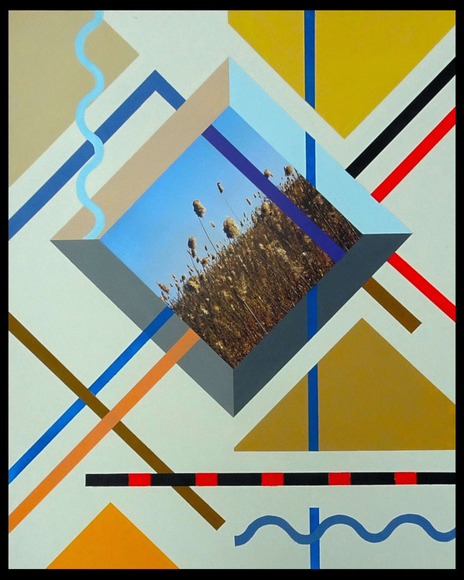 NOORDWESTHOEK ( 40 x 50 cm ) 26 maart 2026 Een abstracte zoektocht naar de streek waar ik woon, Noord West Overijssel. Het begint met de verwondering over de rietlanden in het voorjaar, de zilvergrijze pluimen die als uitgedoofde fakkels dansen in de wind. Een foto van dat dansende riet is het begin van het werk, als centrum van het schilderij. De reclameborden “er groeien daken in de Weerribben” brengt me op het idee van de driehoeken je kunt er een rieten dak in herkennen. Het contrast tussen de rechte sporen van de ribben, de waterlopen die erdoor kronkelen de veelzijdigheid van dit fantastische landschap zitten verwerkt in dit werk in acryl. Het is een vrolijk werk qua kleur het is voorjaar, nieuw leven in de natuur, als tegenwicht tegen het sombere dagelijkse nieuws. Alles draait om balans ook hier, het zorgvuldig afwegen van vorm en kleur. De natuur stelt nooit teleur ga naar buiten en geniet van de kleuren en vormen en vergeet even het wereldnieuws.